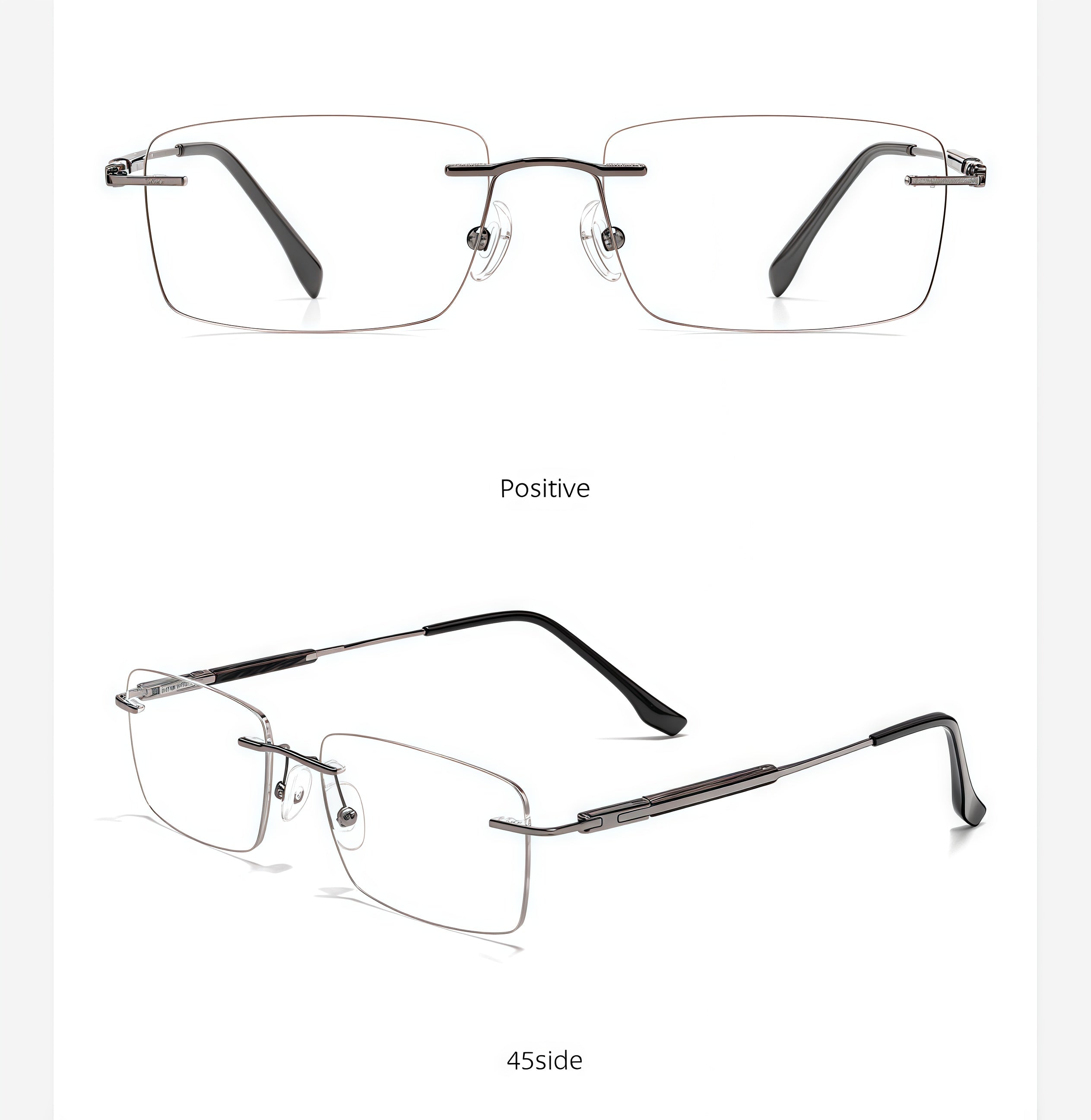 Gunmetal men's alloy rimless rectangular inlay-temple glasses, front and 45-degree composite