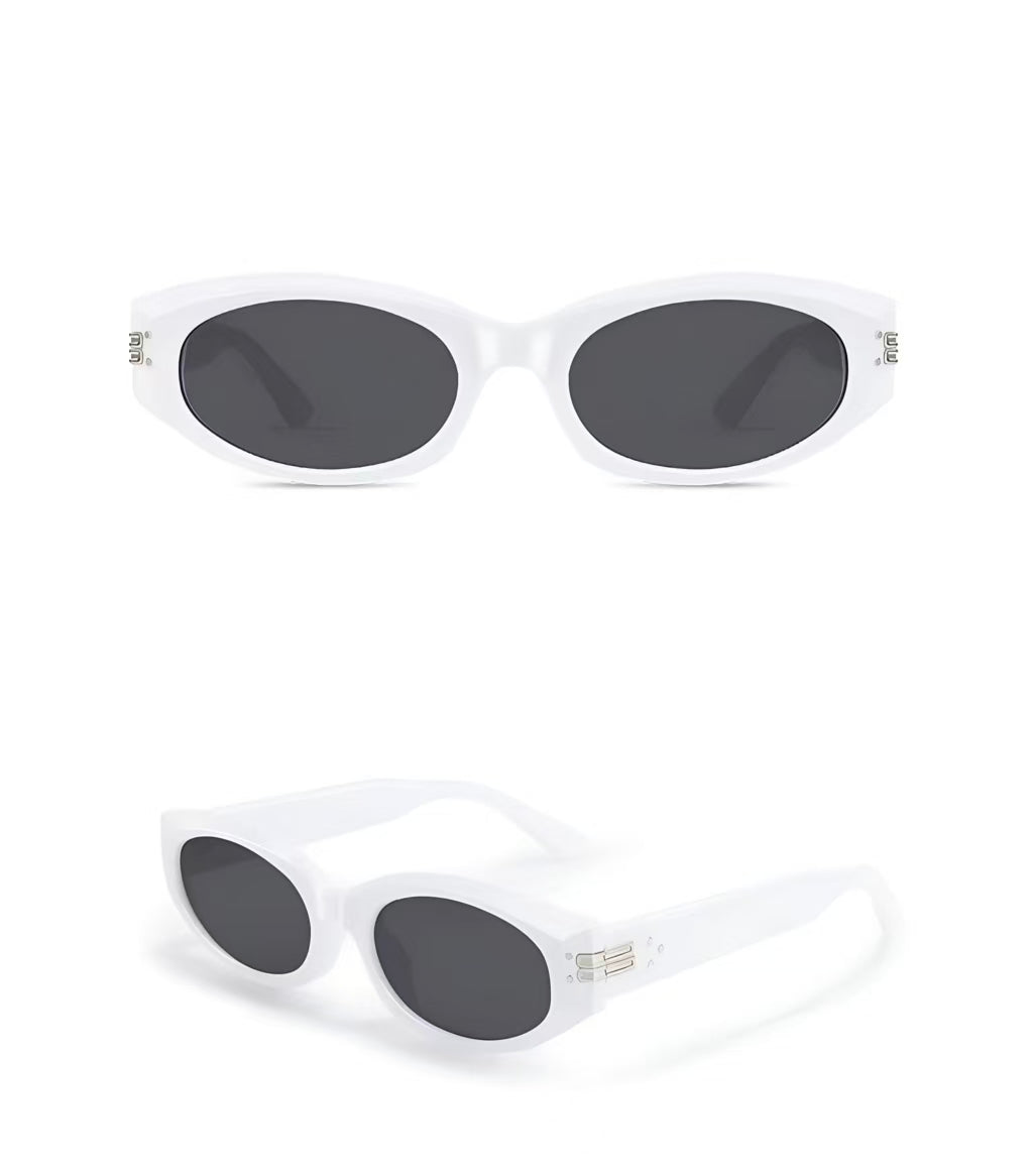 Women’s White full-rim narrow oval sunglasses, front and three-quarter product views