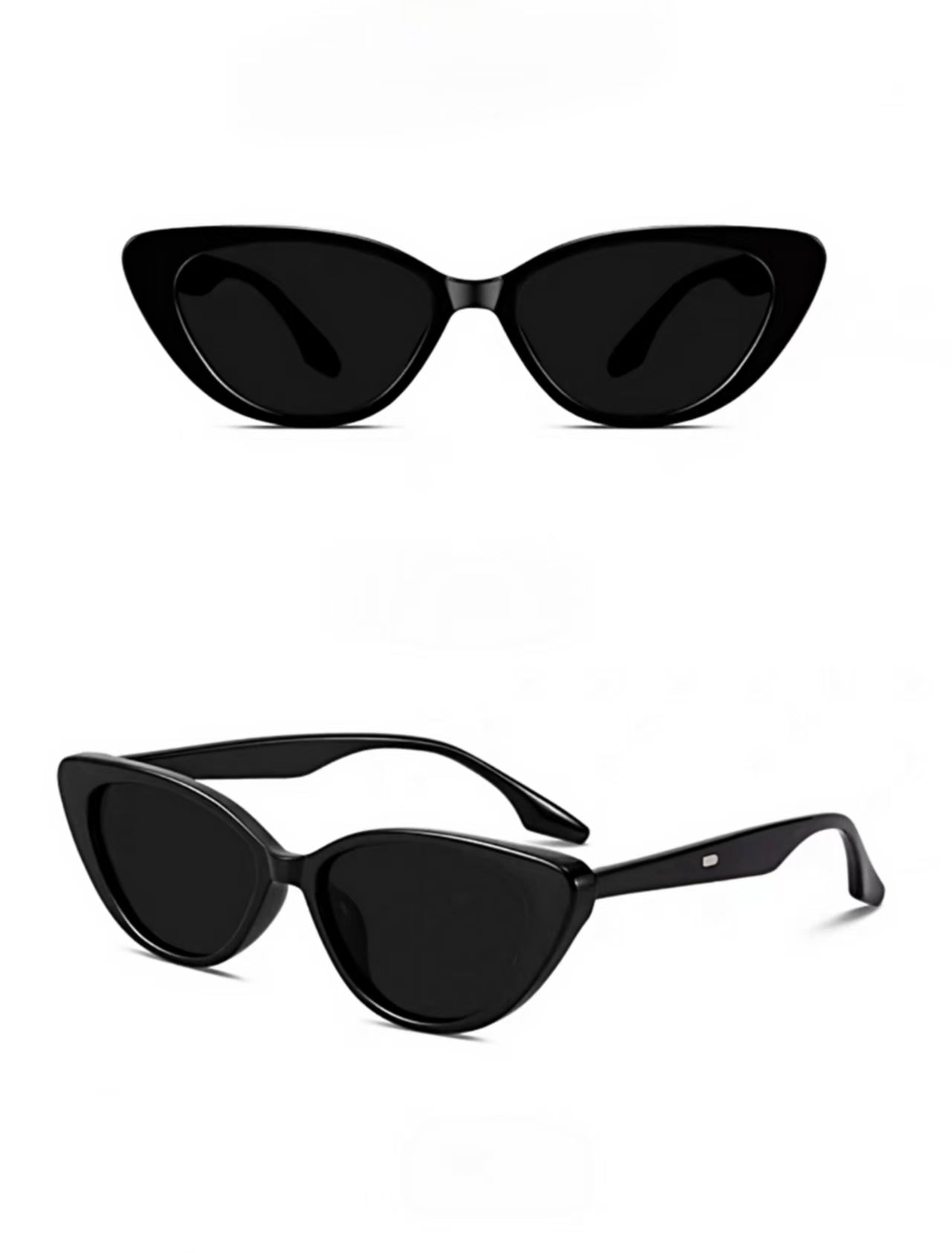 Women’s Black full-rim small cat-eye sunglasses, front and three-quarter views