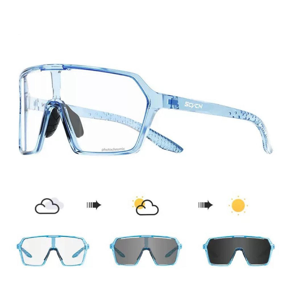 Crystal Blue Frame/Photochromic Grey Lens unisex tr90 rectangular shield sunglasses, 45-degree view