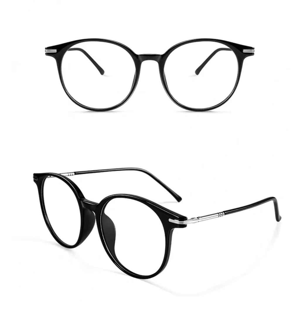 Glossy Black unisex TR90 round full-rim glasses, original front-and-45-degree composite detail