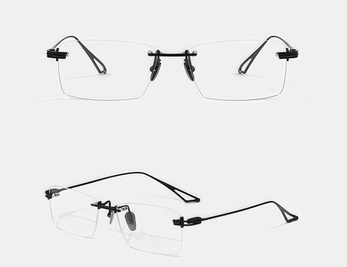 Black men's titanium rimless open-loop glasses, front and 45-degree composite