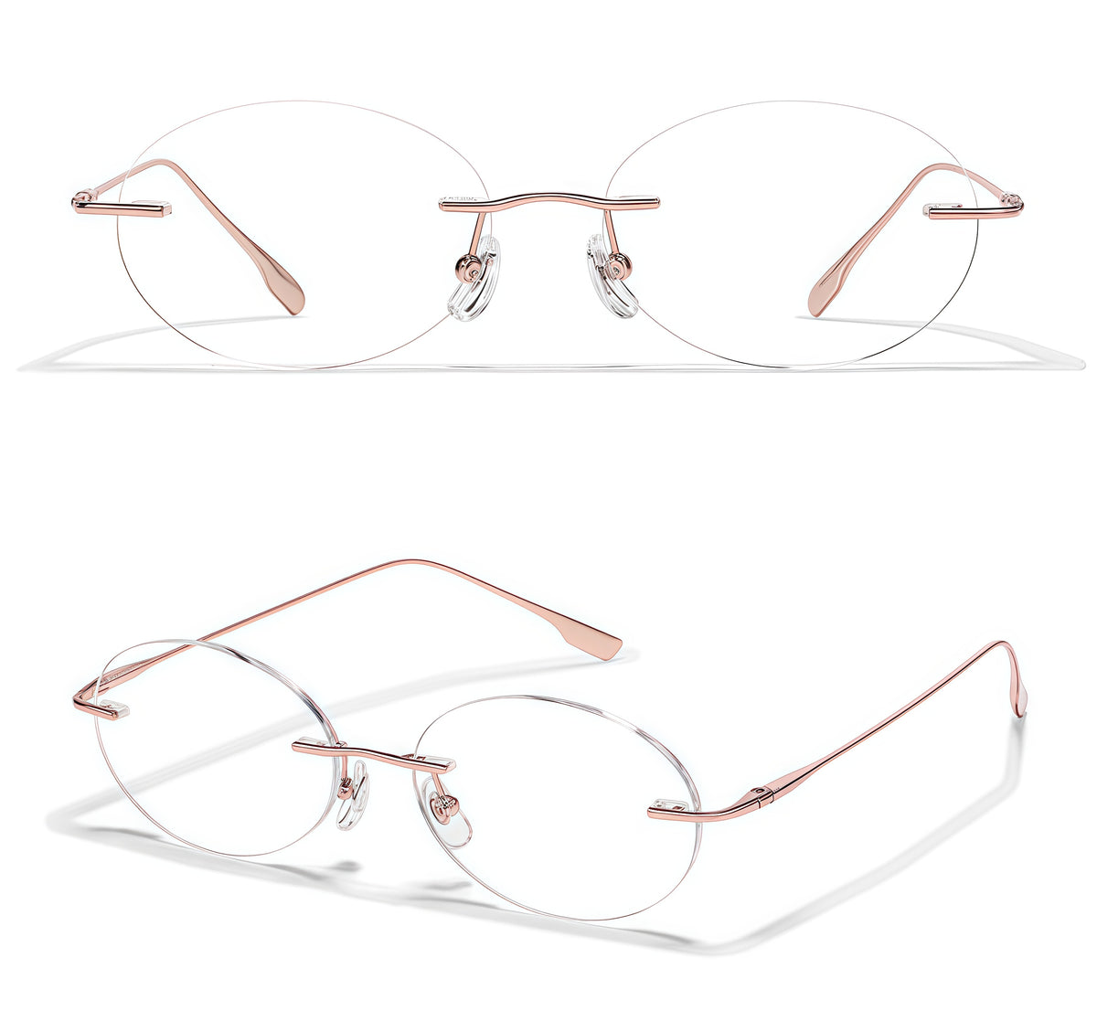 Rose Gold front and 45-degree product views of Chic Minimalist Rimless Glasses