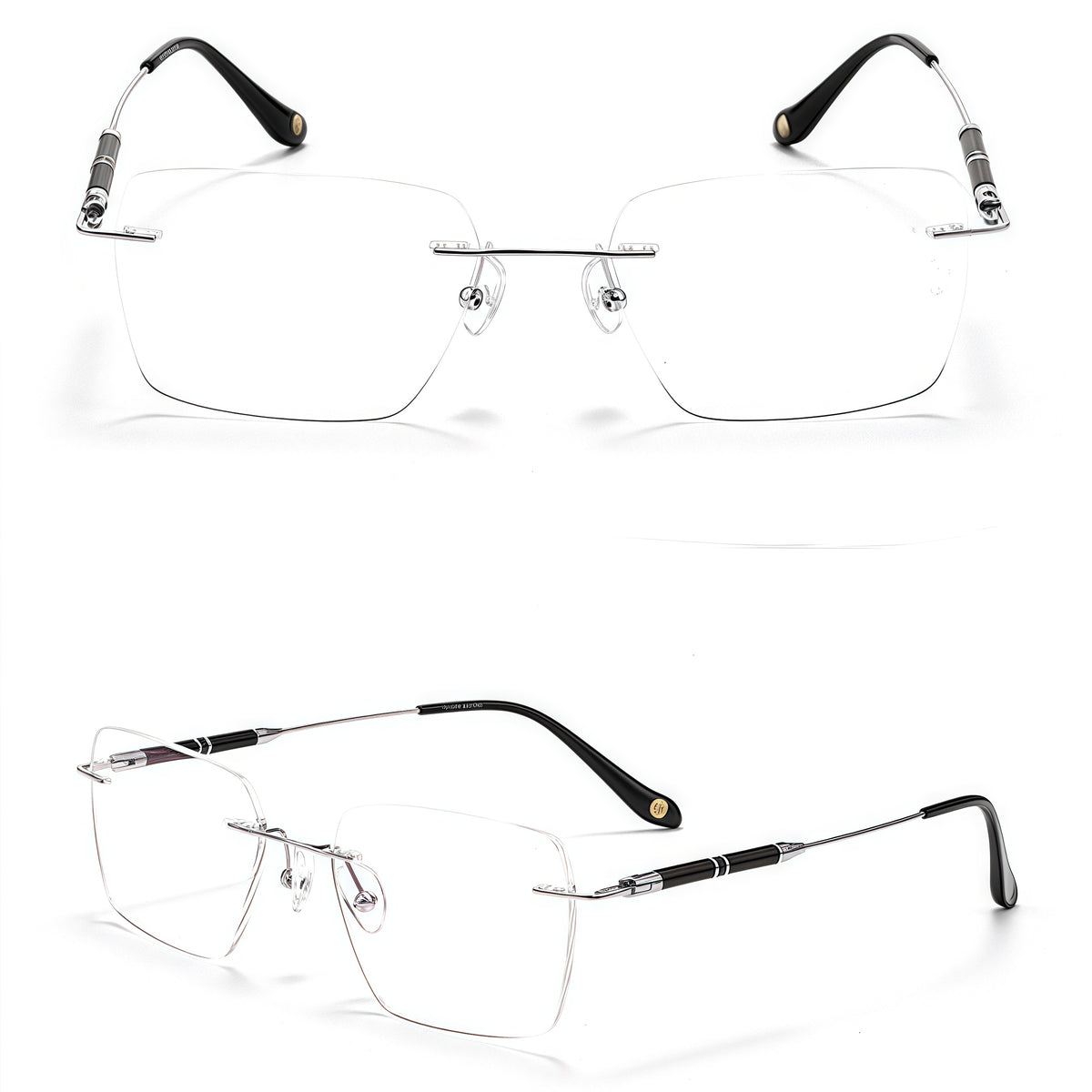 Silver men's pure titanium rimless squared rectangular glasses, supplier front and three-quarter views