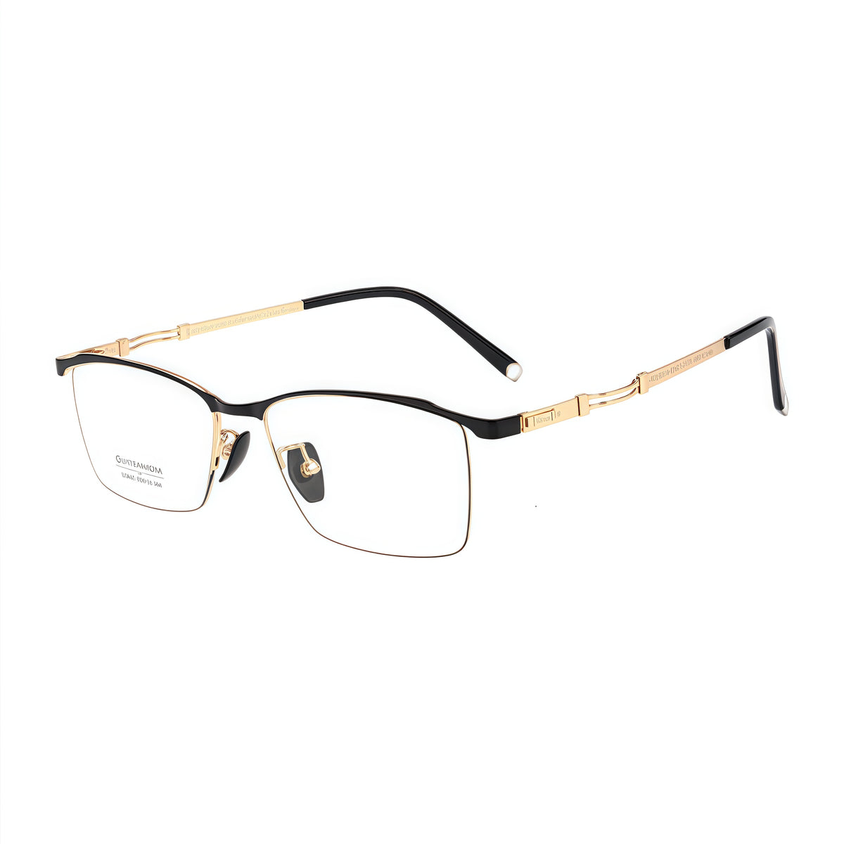 Black/Gold men's professional alloy semi-rimless glasses, original 45-degree product view