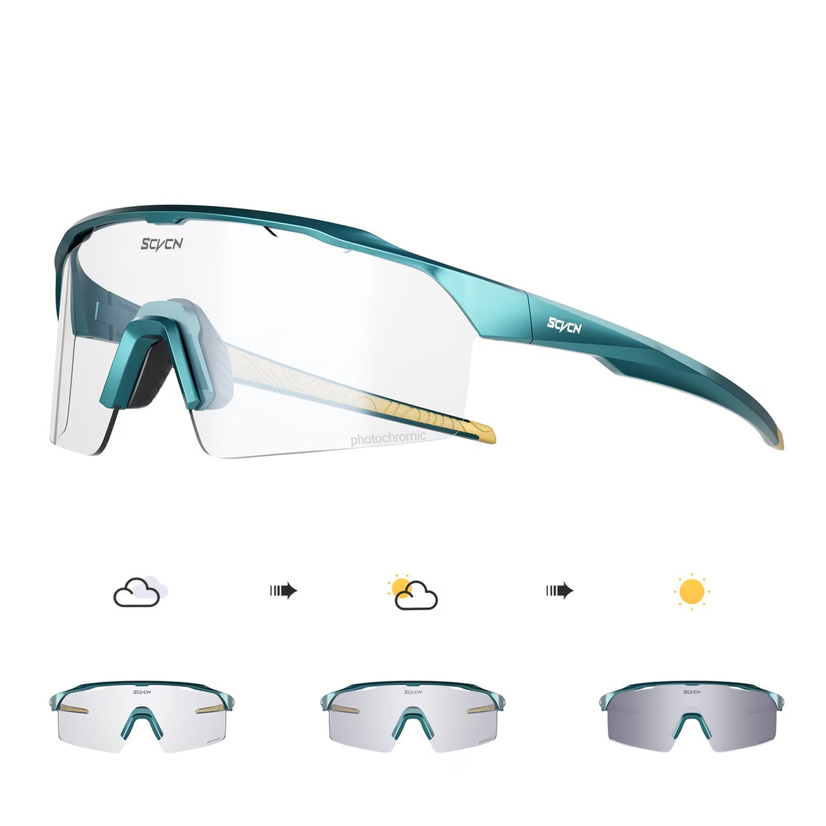 Green Frame/Photochromic Silver Lens 45-degree product view of Outdoor Performance Windproof Eyewear