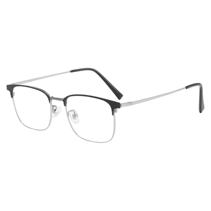 Black and Silver classic square browline profile semi-rimless eyeglass frame, three-quarter product view