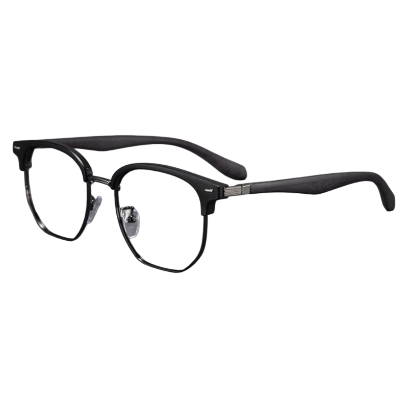 Matte Black men's vintage TR and alloy semi-rimless glasses, 45-degree product view