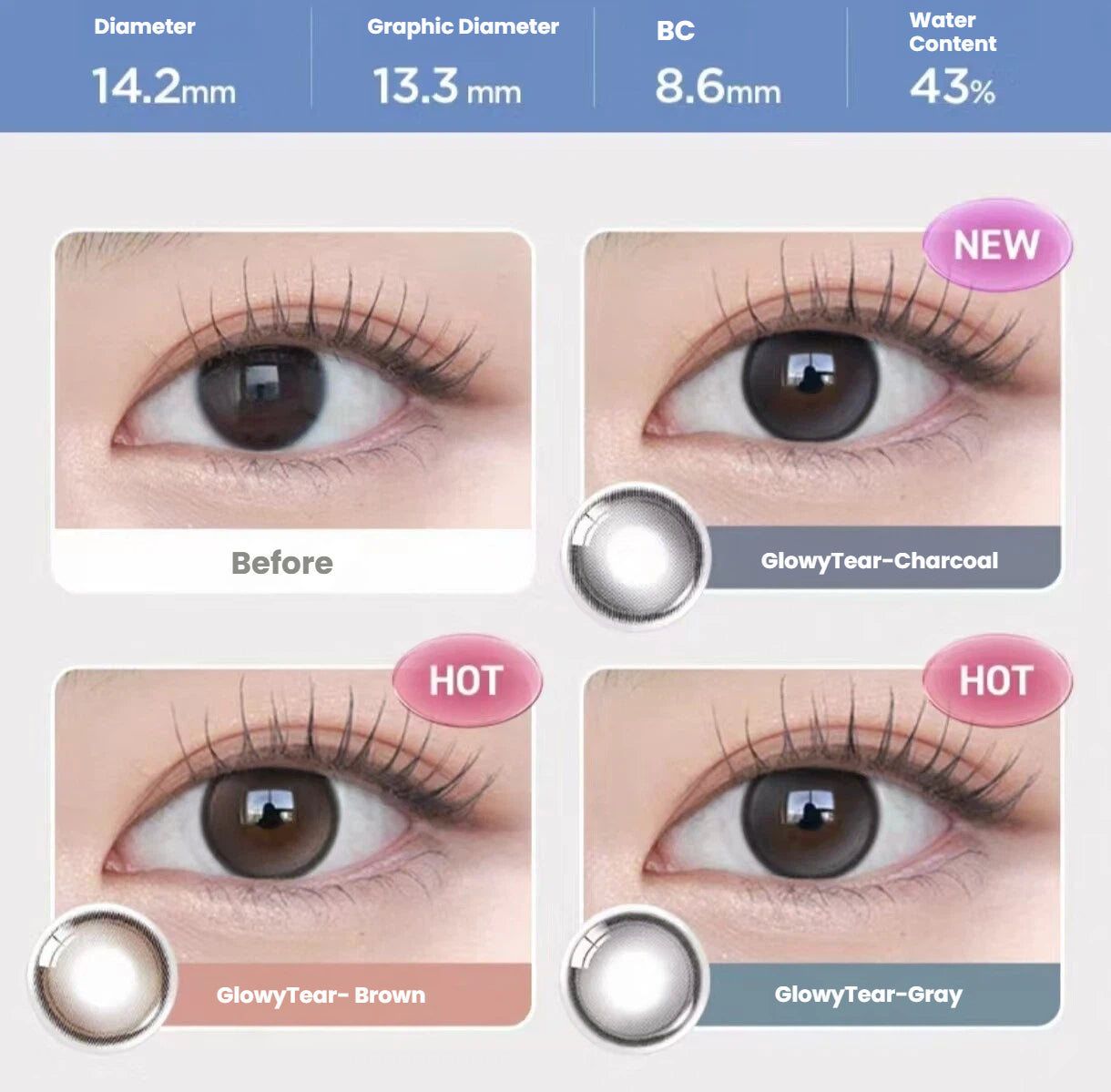 OLENS Glowy toric contact lens colour comparison chart