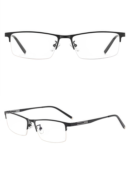 Black titanium-alloy semi-rimless rectangular glasses, original front and 45-degree views