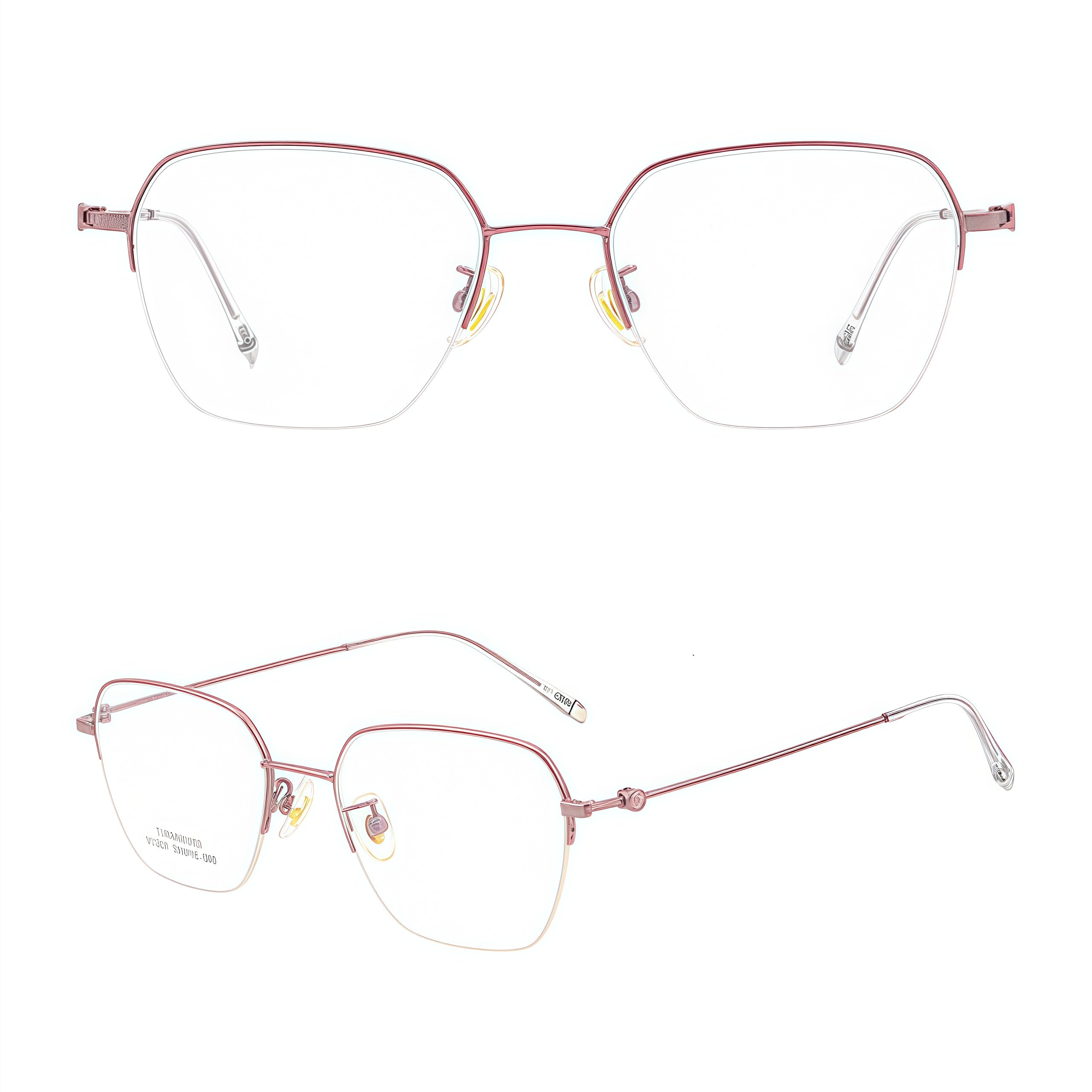 Pink women's vintage titanium semi-rimless glasses, front and 45-degree composite detail