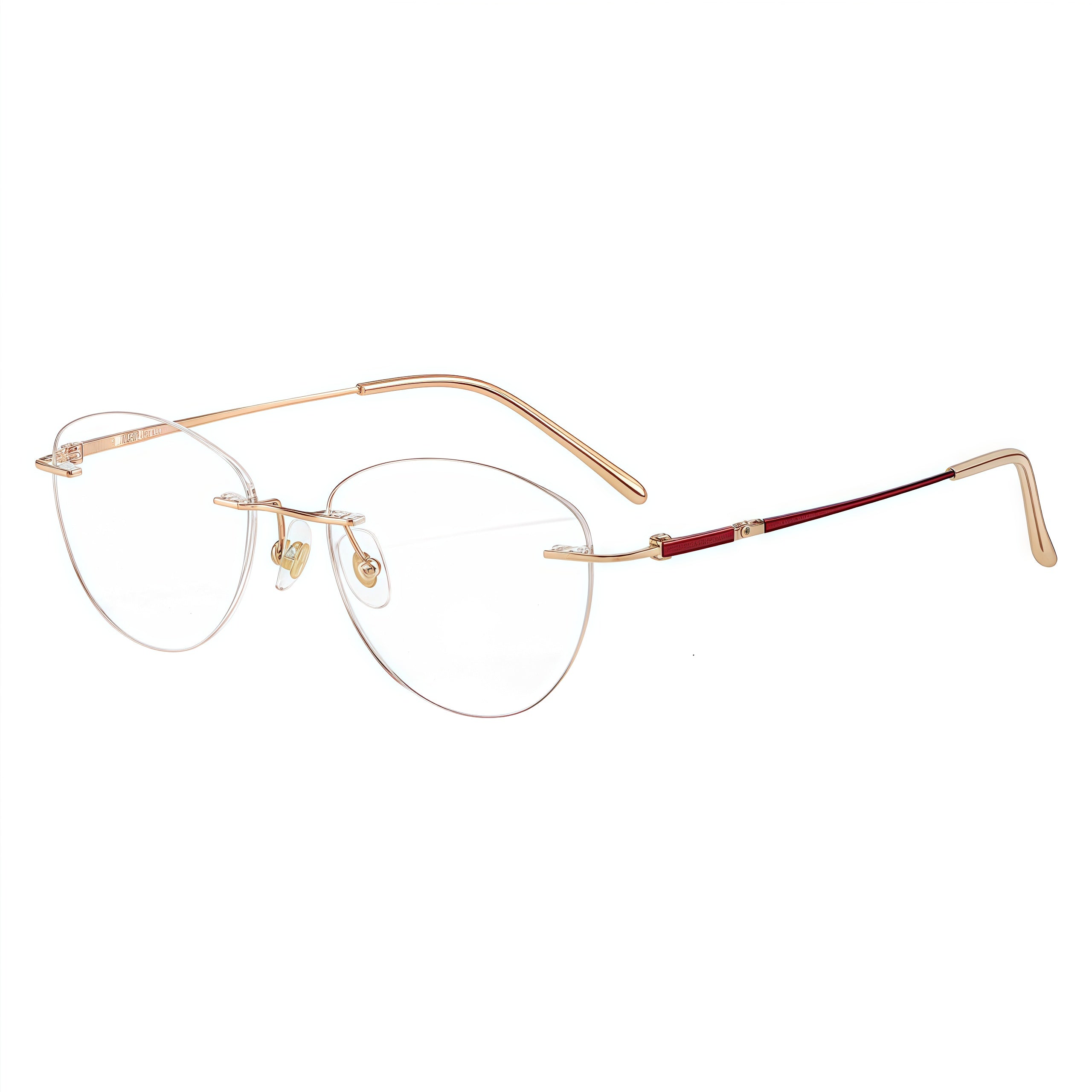 Red and Rose Gold women's pure titanium rimless rectangular glasses, 45-degree product view
