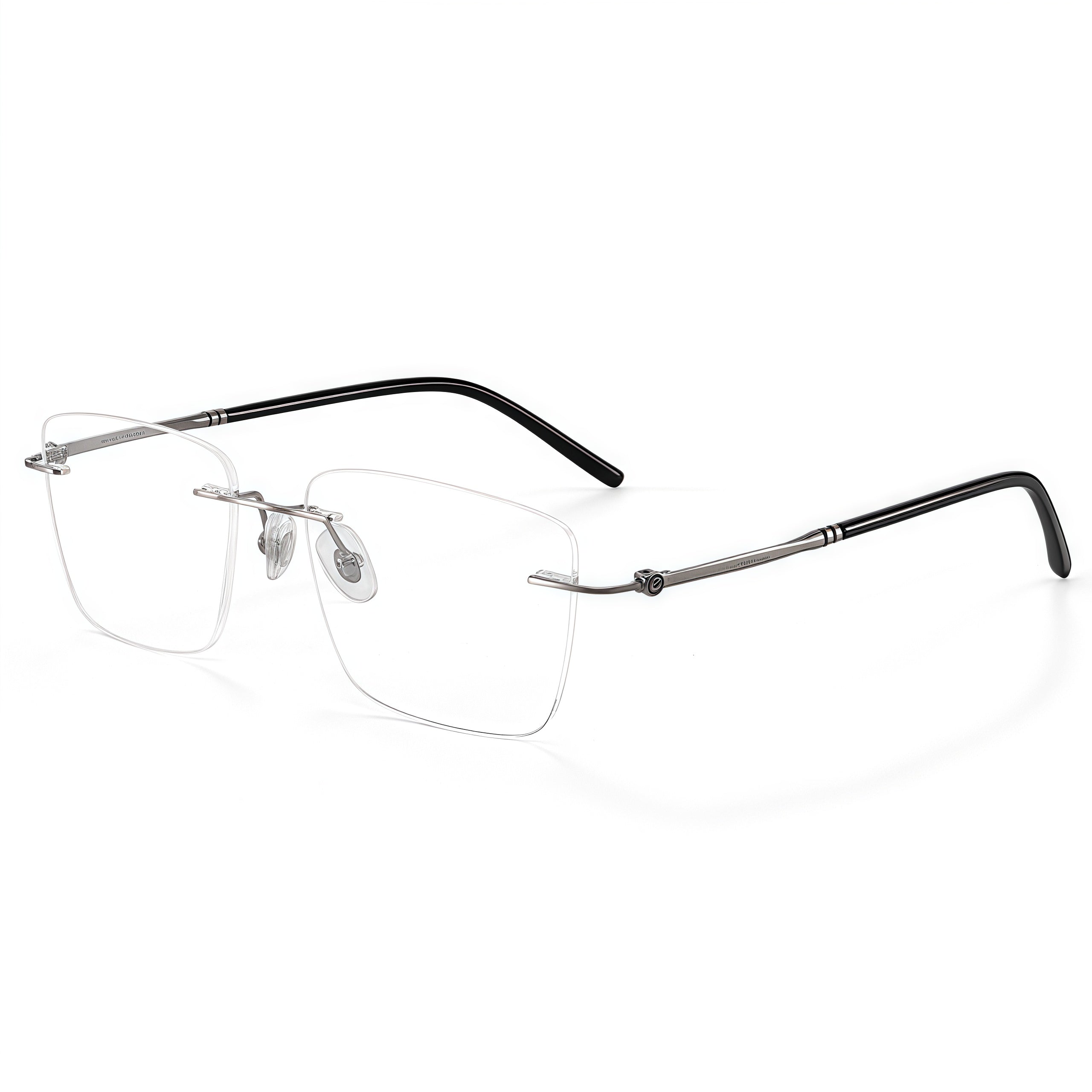 Gunmetal men's titanium rimless rounded-rectangle eyeglass frames, product view