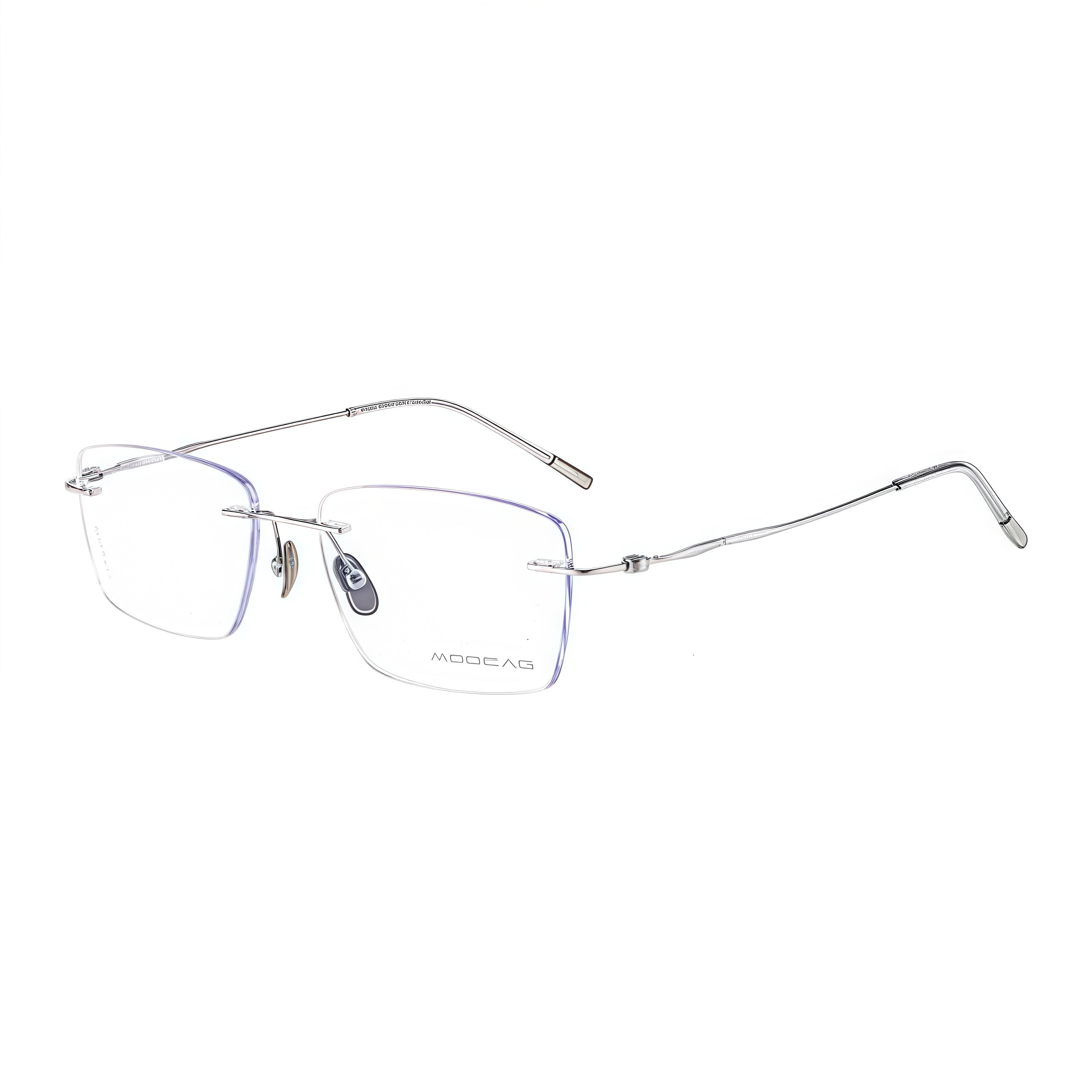 Silver unisex pure-titanium rimless stepped-temple glasses, 45-degree product view