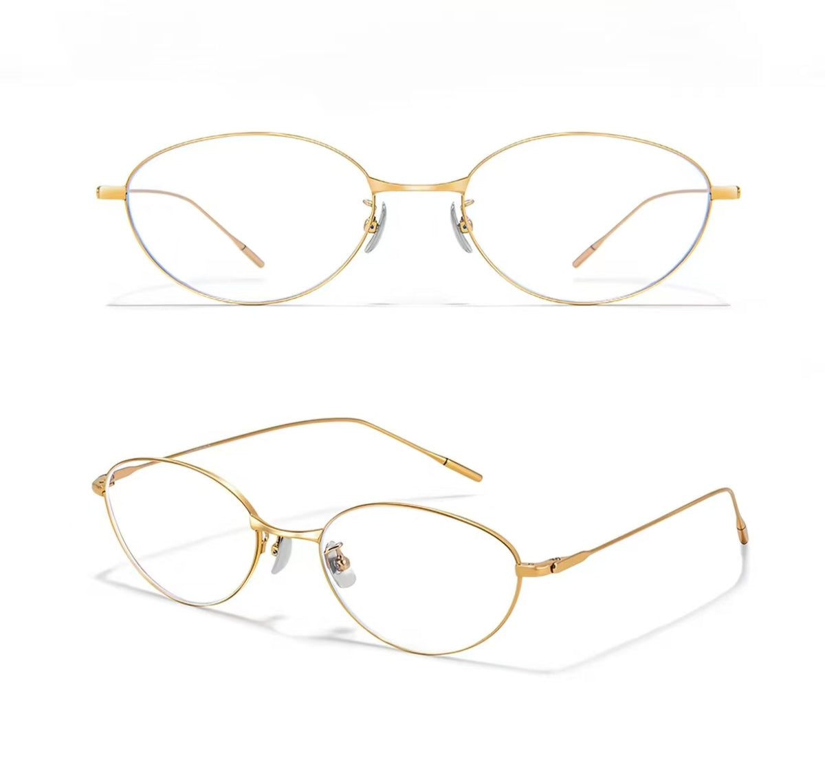 Gold titanium old-money small-fit soft-oval full-rim glasses, original front and 45-degree product detail