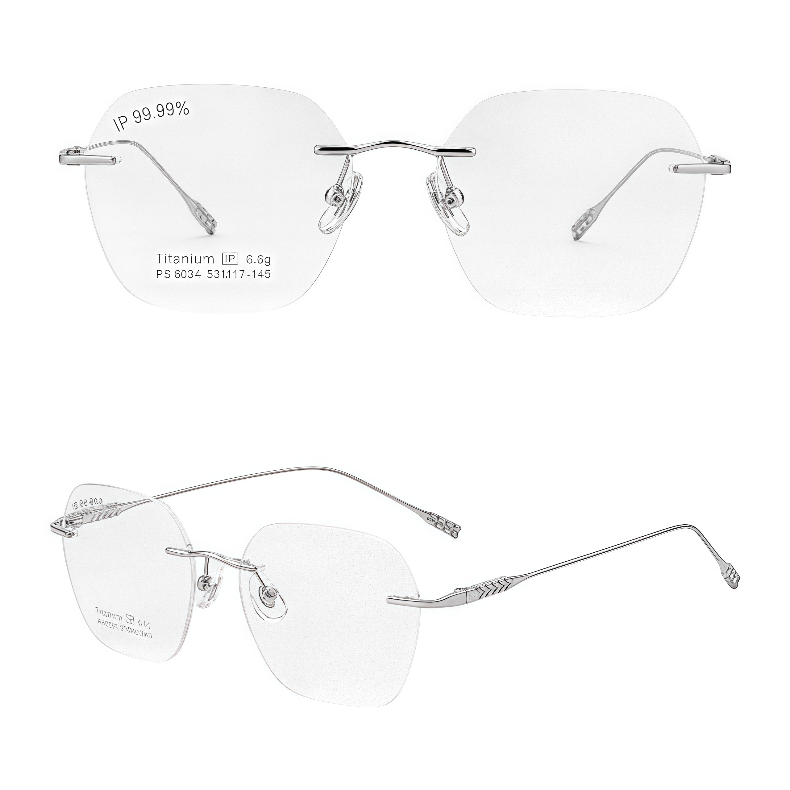 Silver unisex pure titanium soft-square rimless eyeglasses, 45-degree view