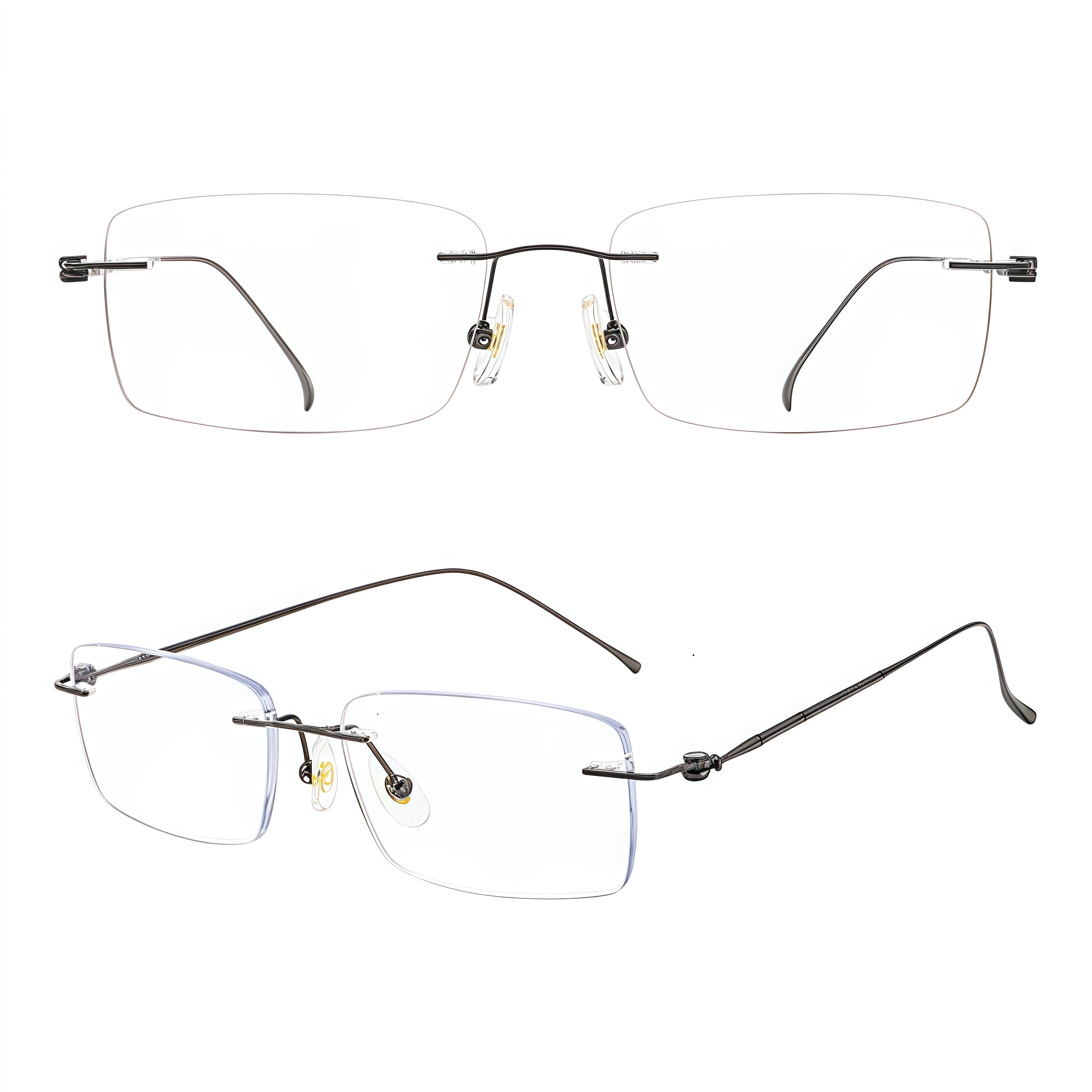 Gunmetal titanium rimless glasses, front, 45-degree and temple composite detail