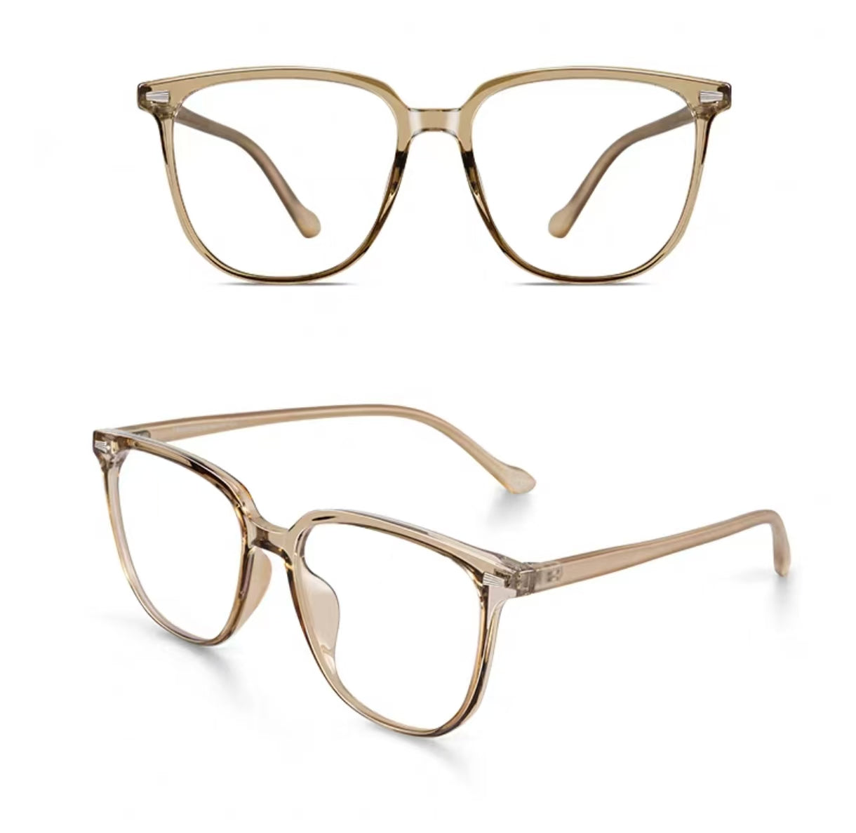 Amber Brown square full-rim eyeglass frame, front and three-quarter product views