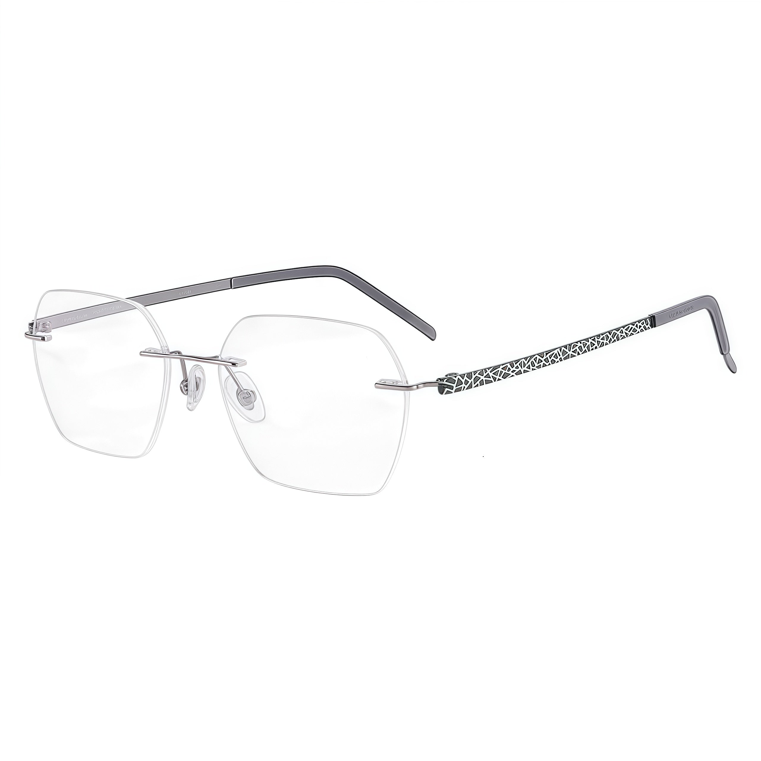 Dark Green/Gunmetal rimless rectangular pure titanium eyeglass frames, supplier front and angle reference