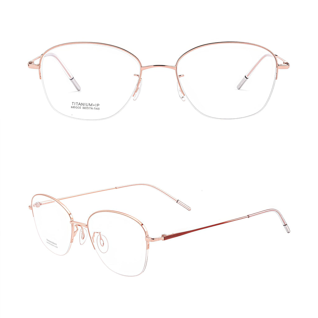 Rose Gold/Red Gradient women's titanium semi-rimless glasses, front and 45-degree composite detail