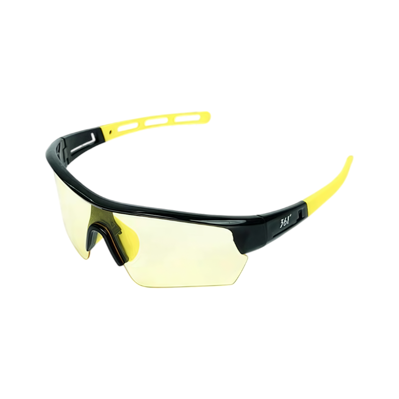 Black and yellow semi-rimless TR shield sports sunglasses, 45-degree product view