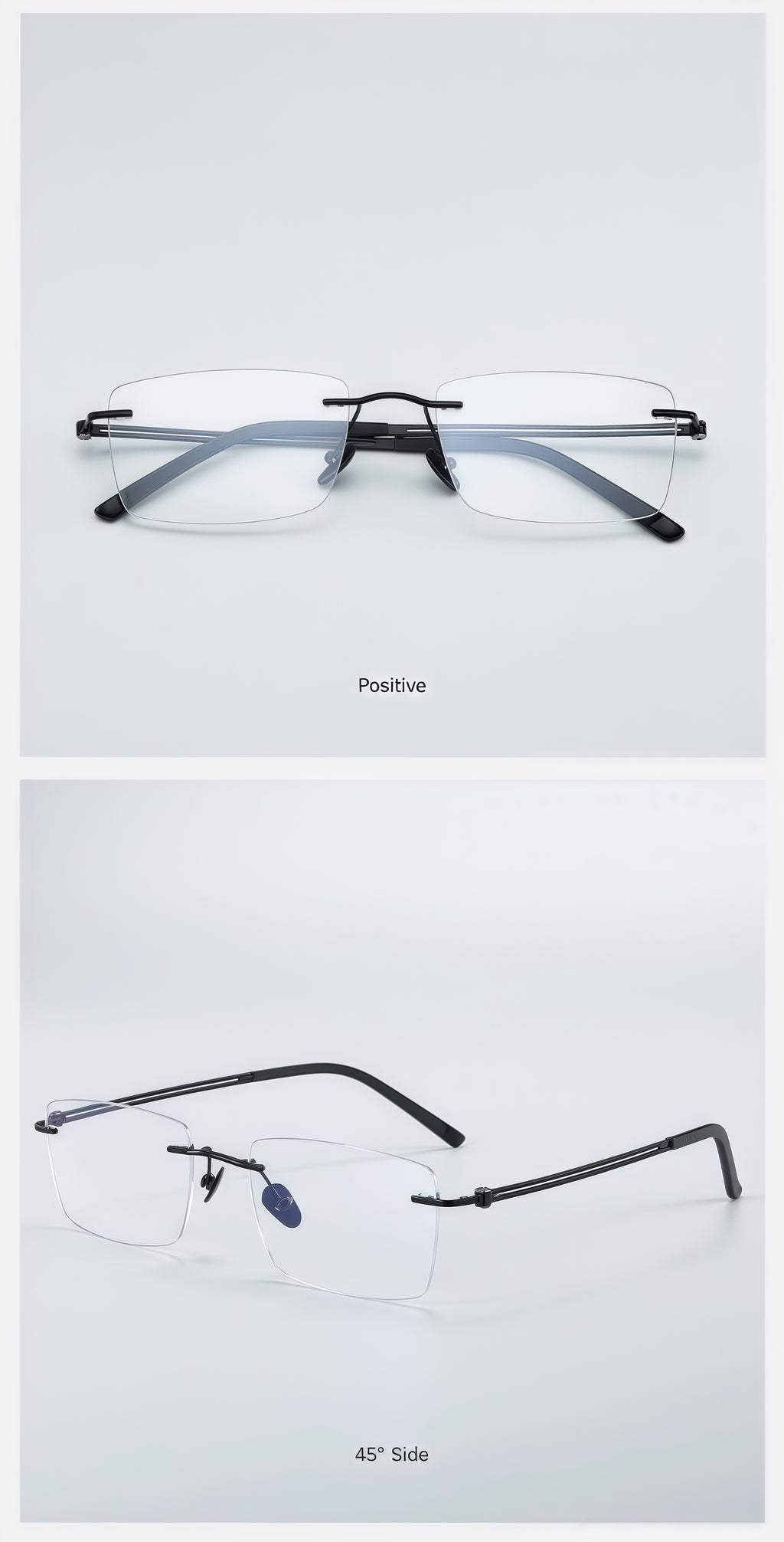 Black pure titanium rectangular rimless glasses, original front and 45-degree product detail