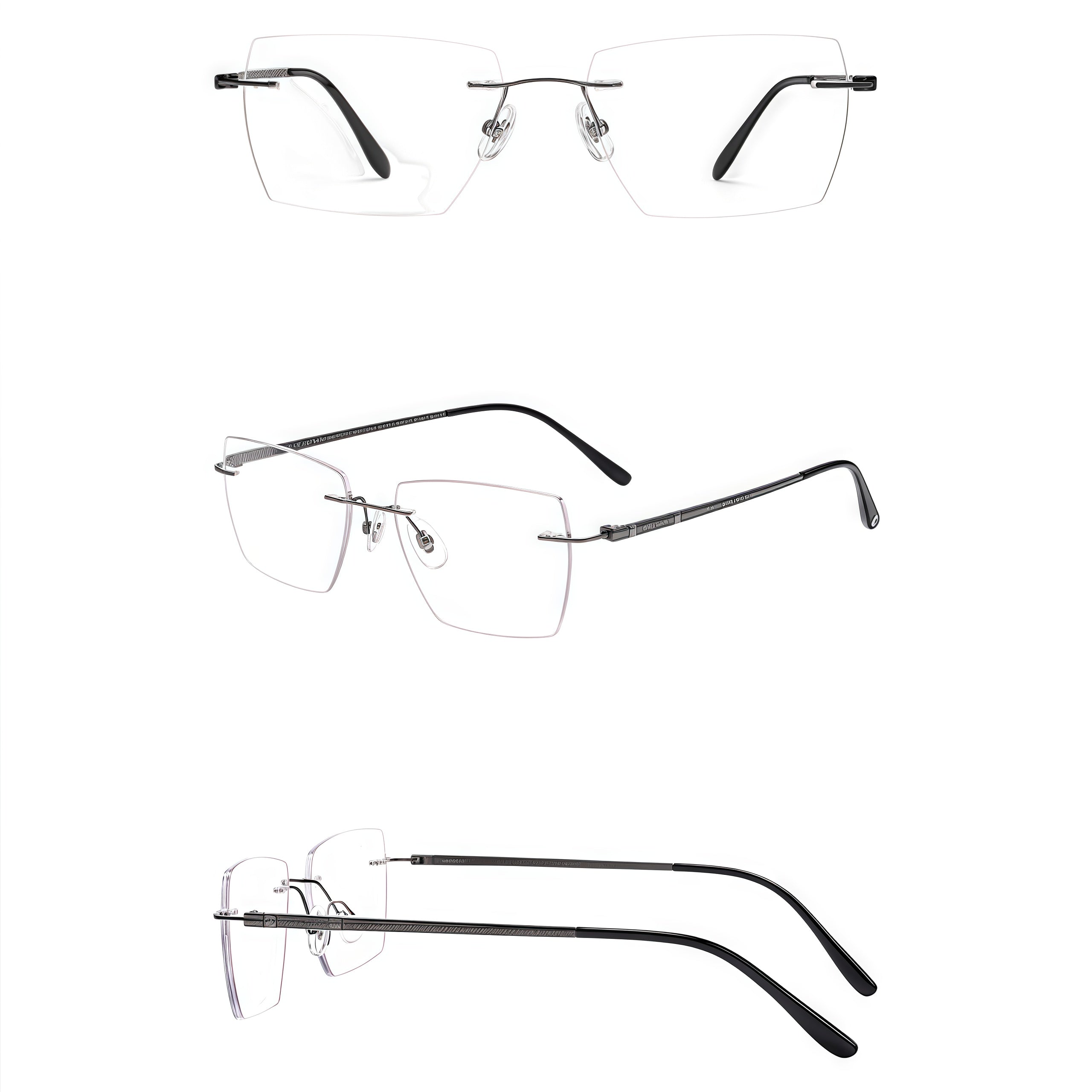 Gunmetal men's half-titanium rimless rectangular glasses, supplier composite detail
