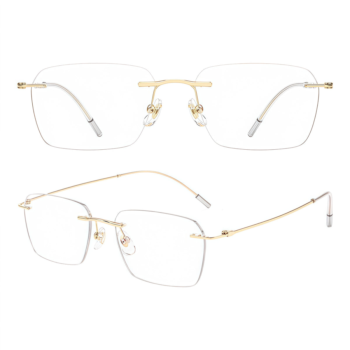 Gold titanium softly squared rimless glasses, original front and 45-degree product detail