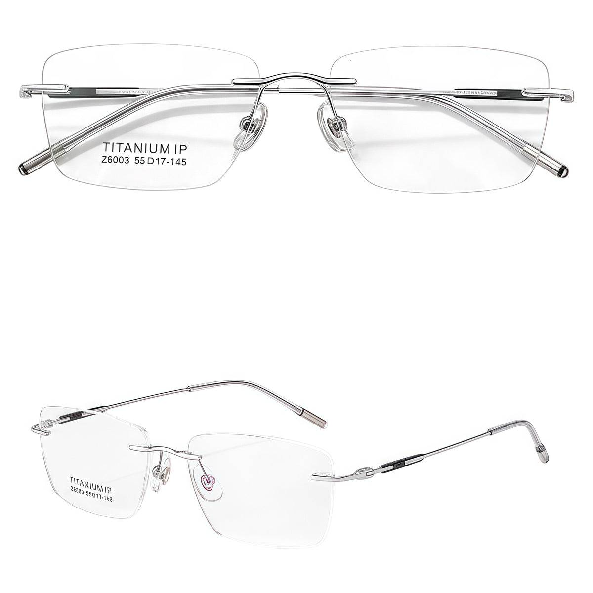 Silver unisex titanium rimless narrow rectangular eyeglass frames, product view