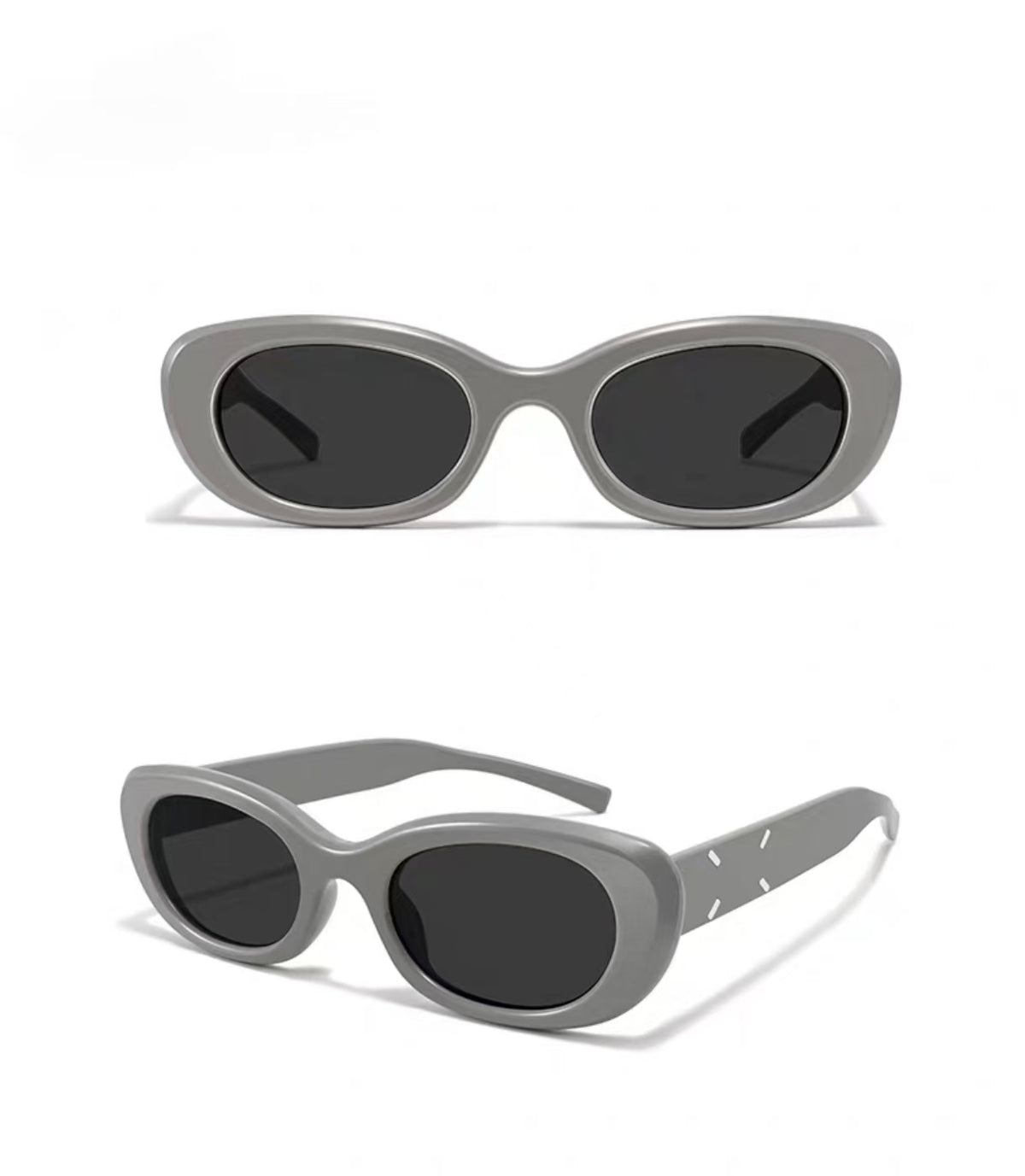 Women’s Gray full-rim slim oval sunglasses, front and three-quarter views