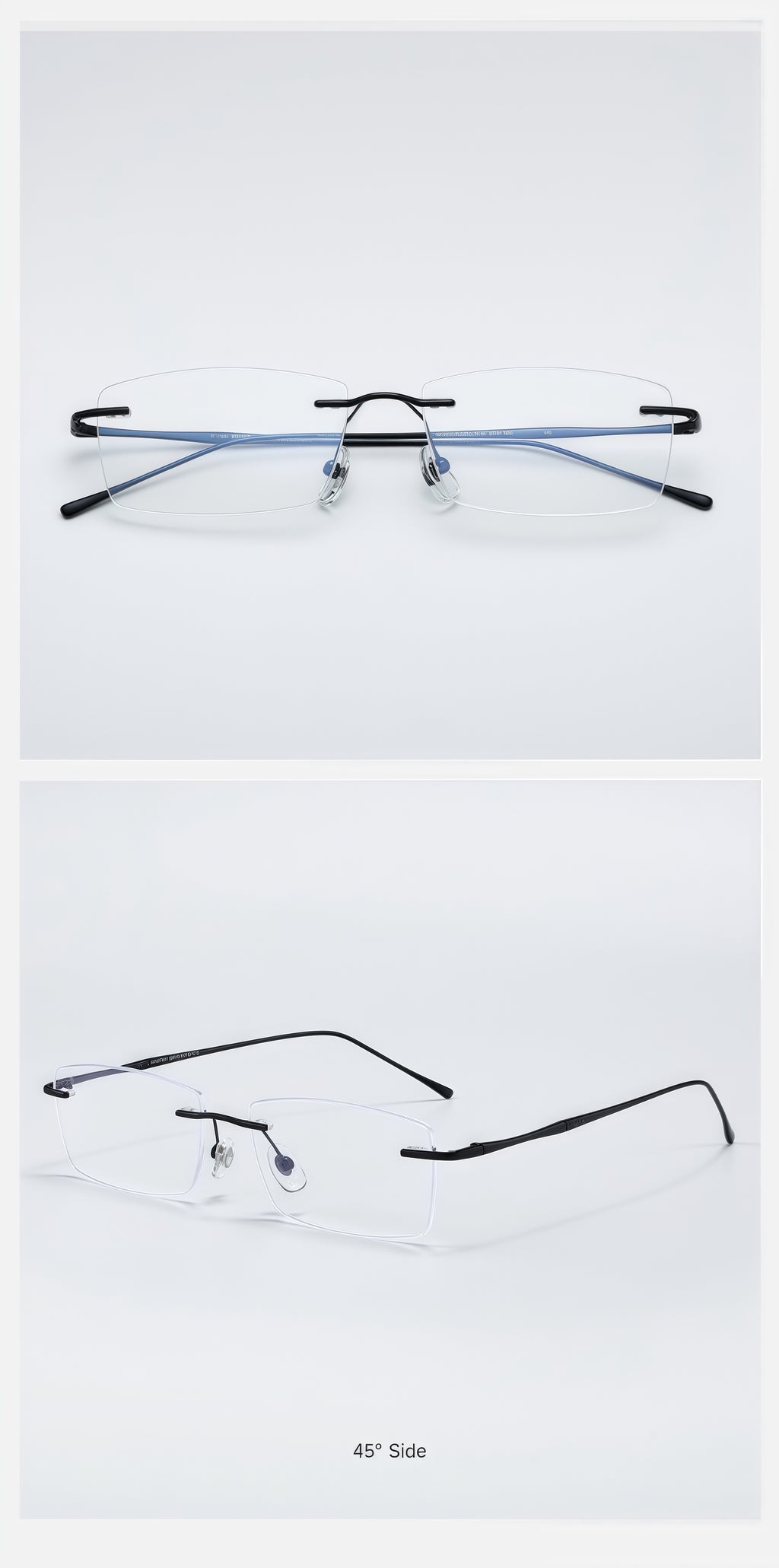 Black beta-titanium rectangular rimless glasses, original front and 45-degree product detail