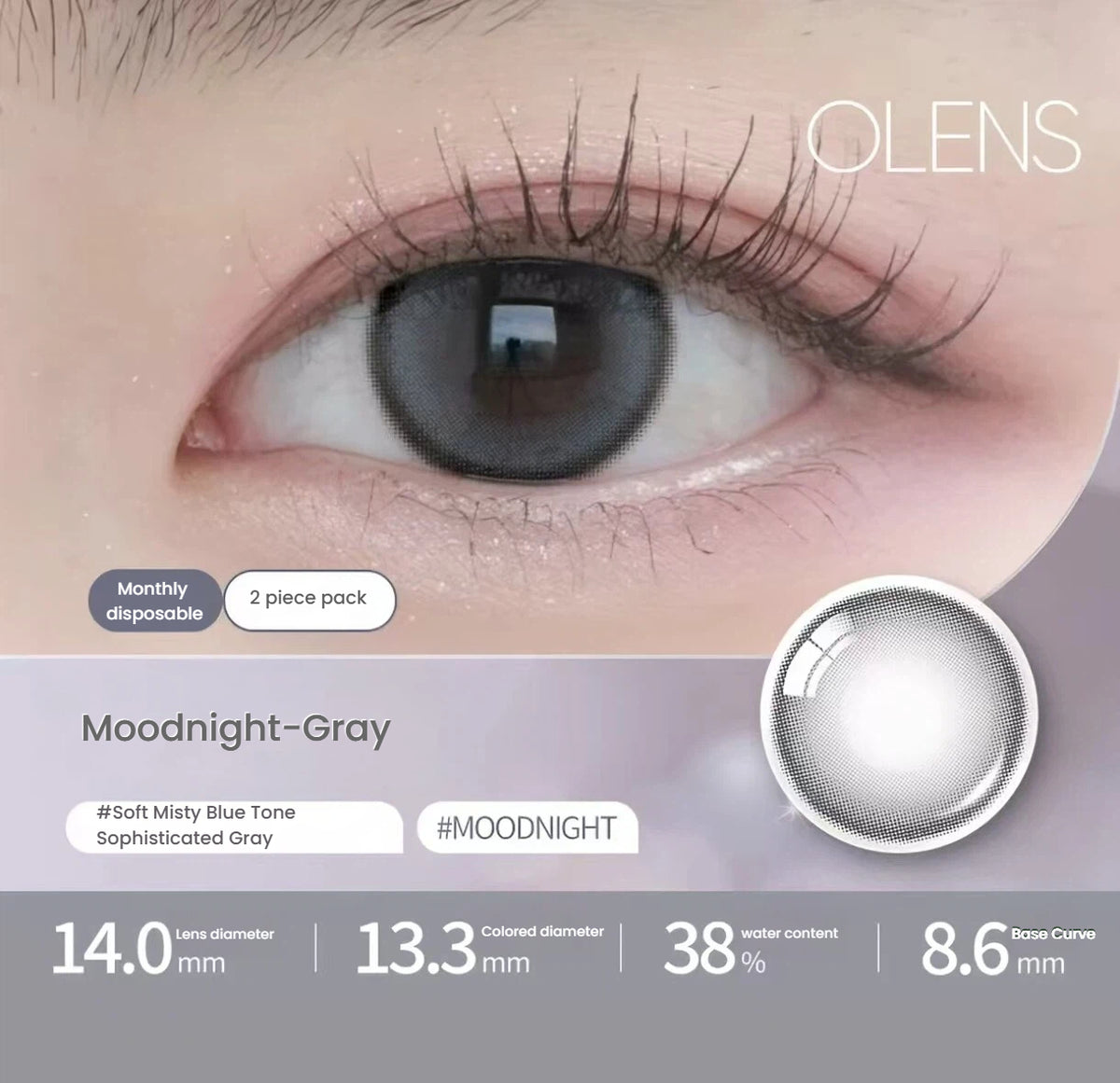 OLENS MoodNight Gray toric contact lens shown on an eye