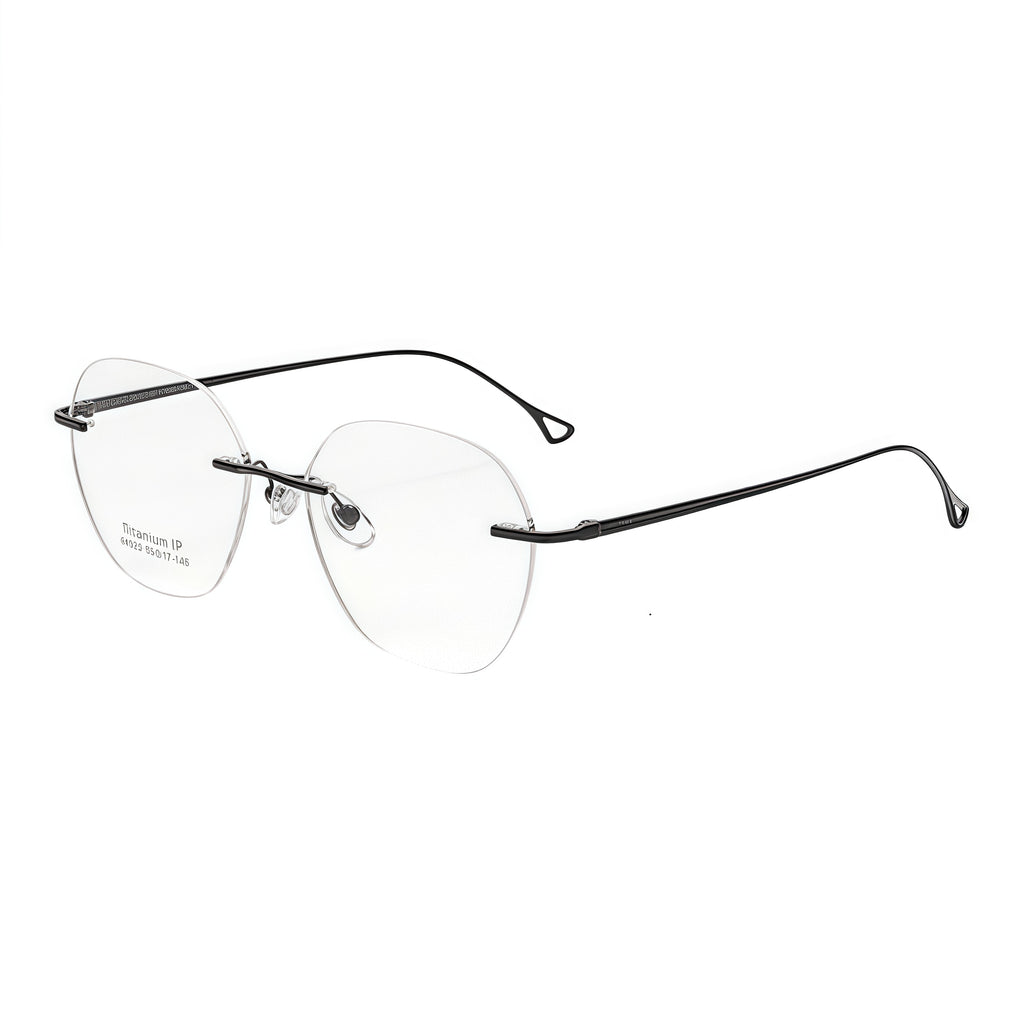 Black unisex pure titanium rounded geometric rimless eyeglass frames, product views
