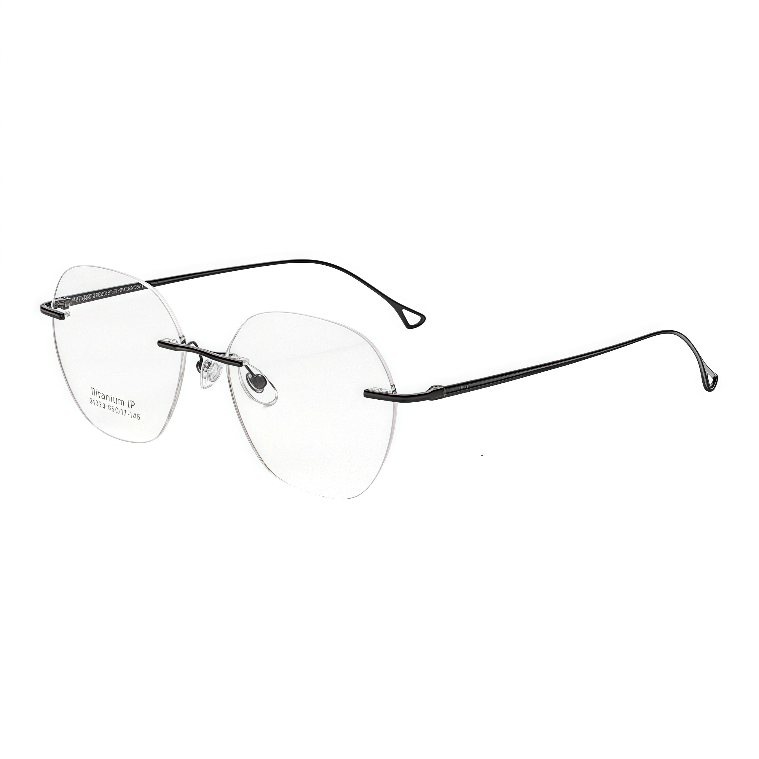 Black unisex pure titanium rounded geometric rimless eyeglass frames, product views