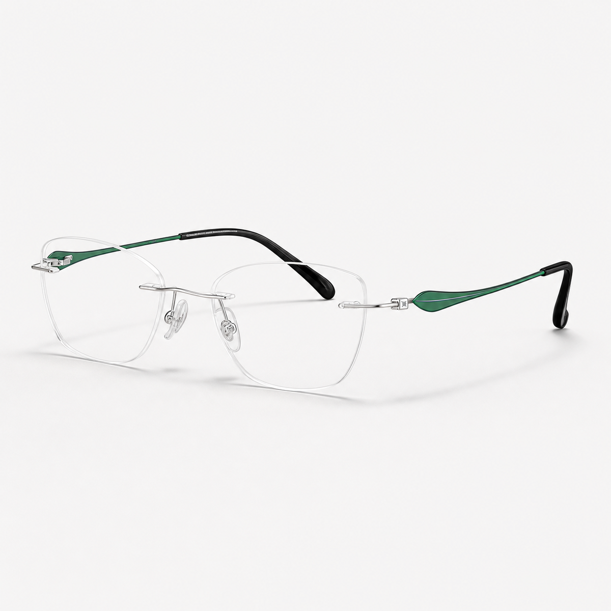 Green/Silver pure titanium rimless soft butterfly eyeglasses, 45-degree product view