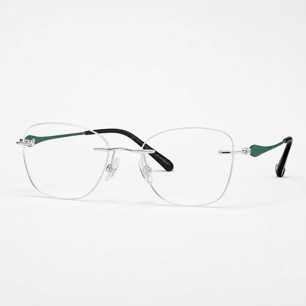 Green/Silver pure titanium rimless soft butterfly eyeglasses, straight-on product view