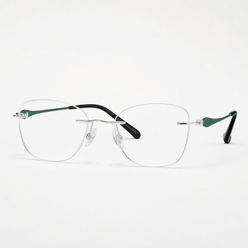 Green/Silver pure titanium rimless soft butterfly eyeglasses, straight-on product view