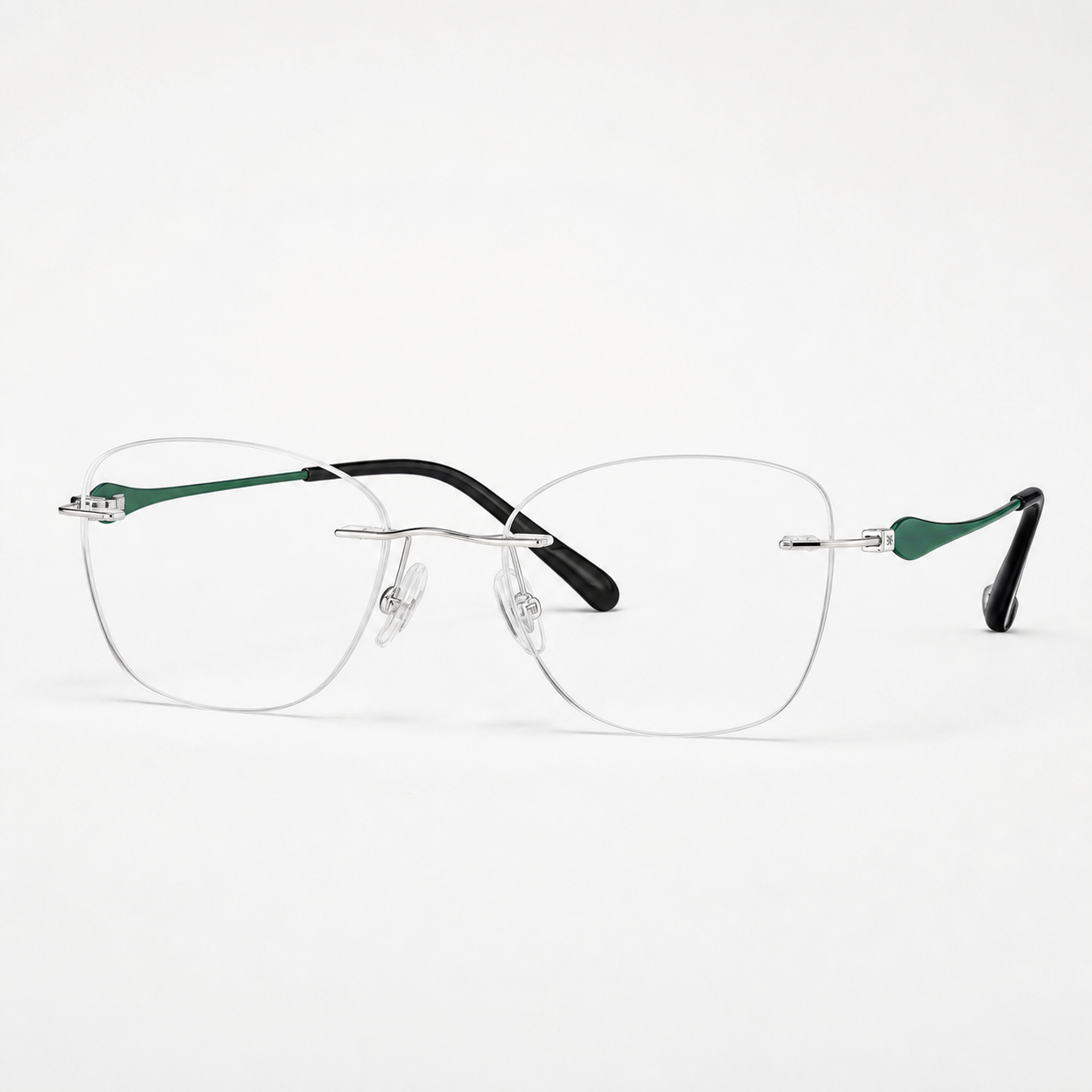 Green/Silver pure titanium rimless soft butterfly eyeglasses, straight-on product view