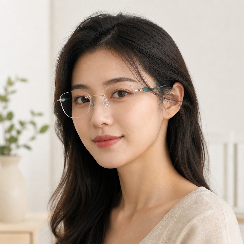 Green/Silver pure titanium rimless soft butterfly eyeglasses, three-quarter adult model fit