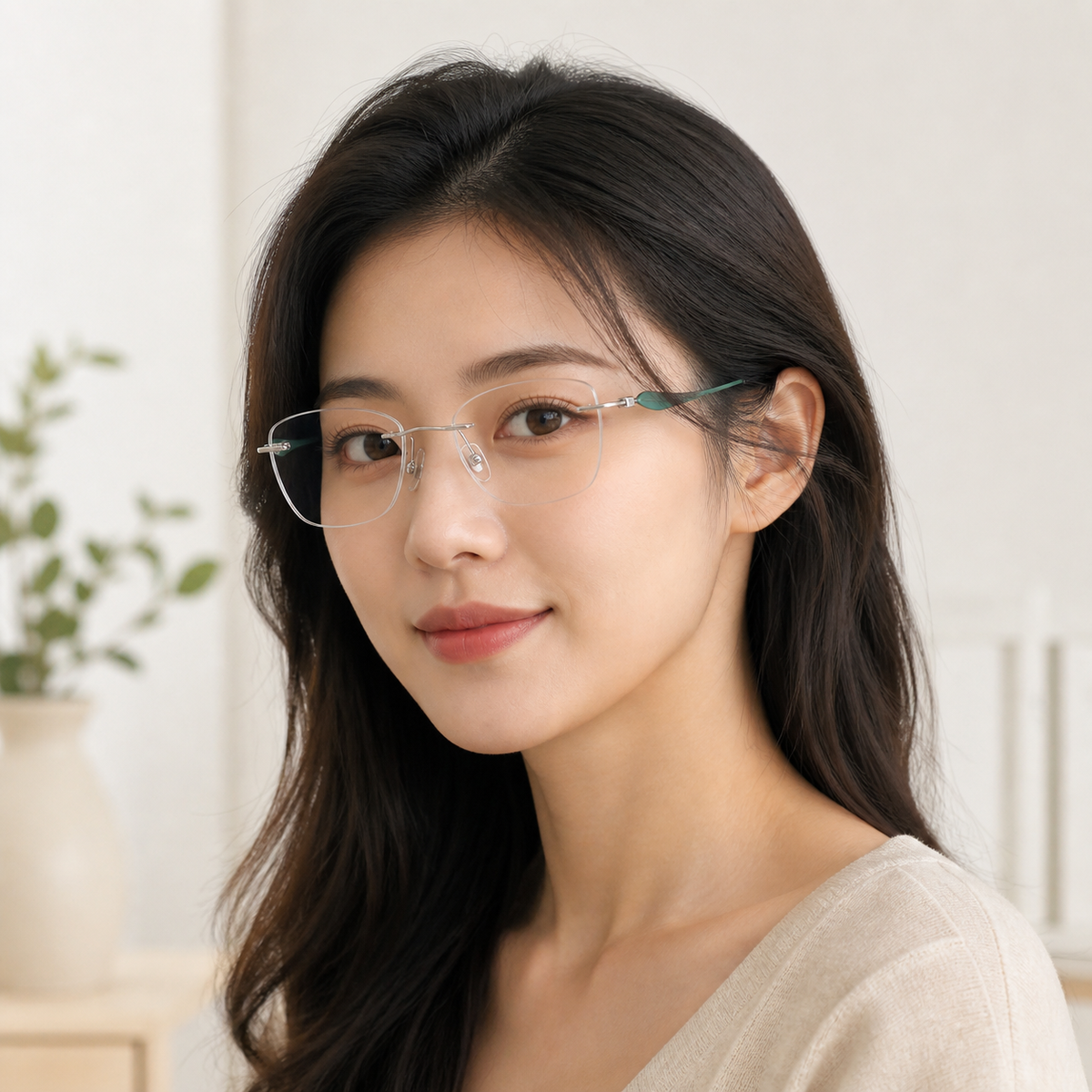 Green/Silver pure titanium rimless soft butterfly eyeglasses, three-quarter adult model fit