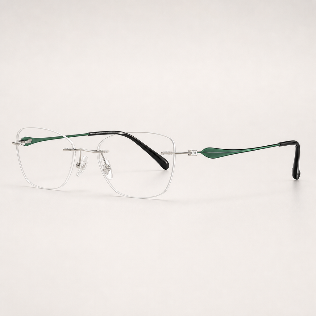 Green/Silver pure titanium rimless soft butterfly eyeglasses, side-profile product view