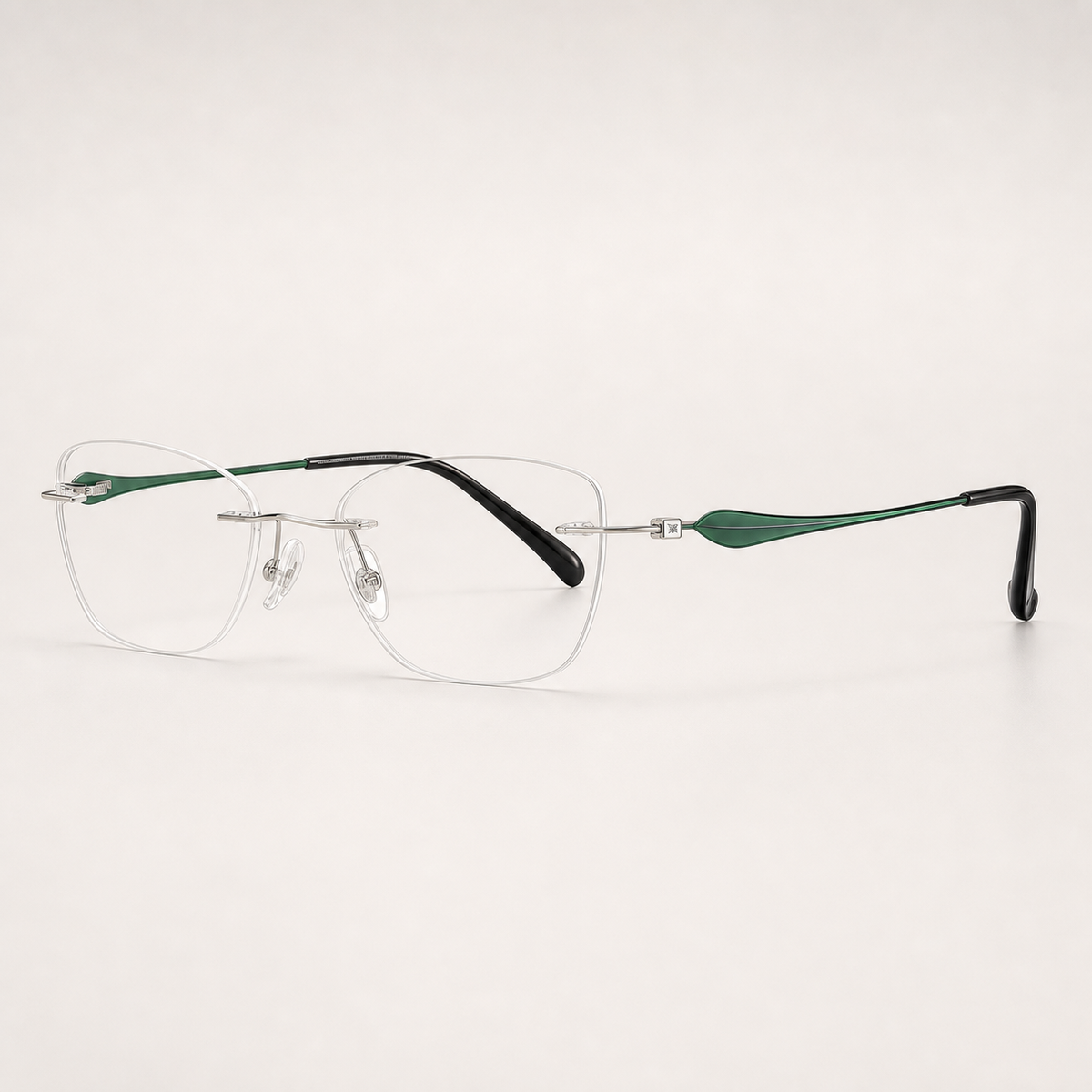 Green/Silver pure titanium rimless soft butterfly eyeglasses, side-profile product view