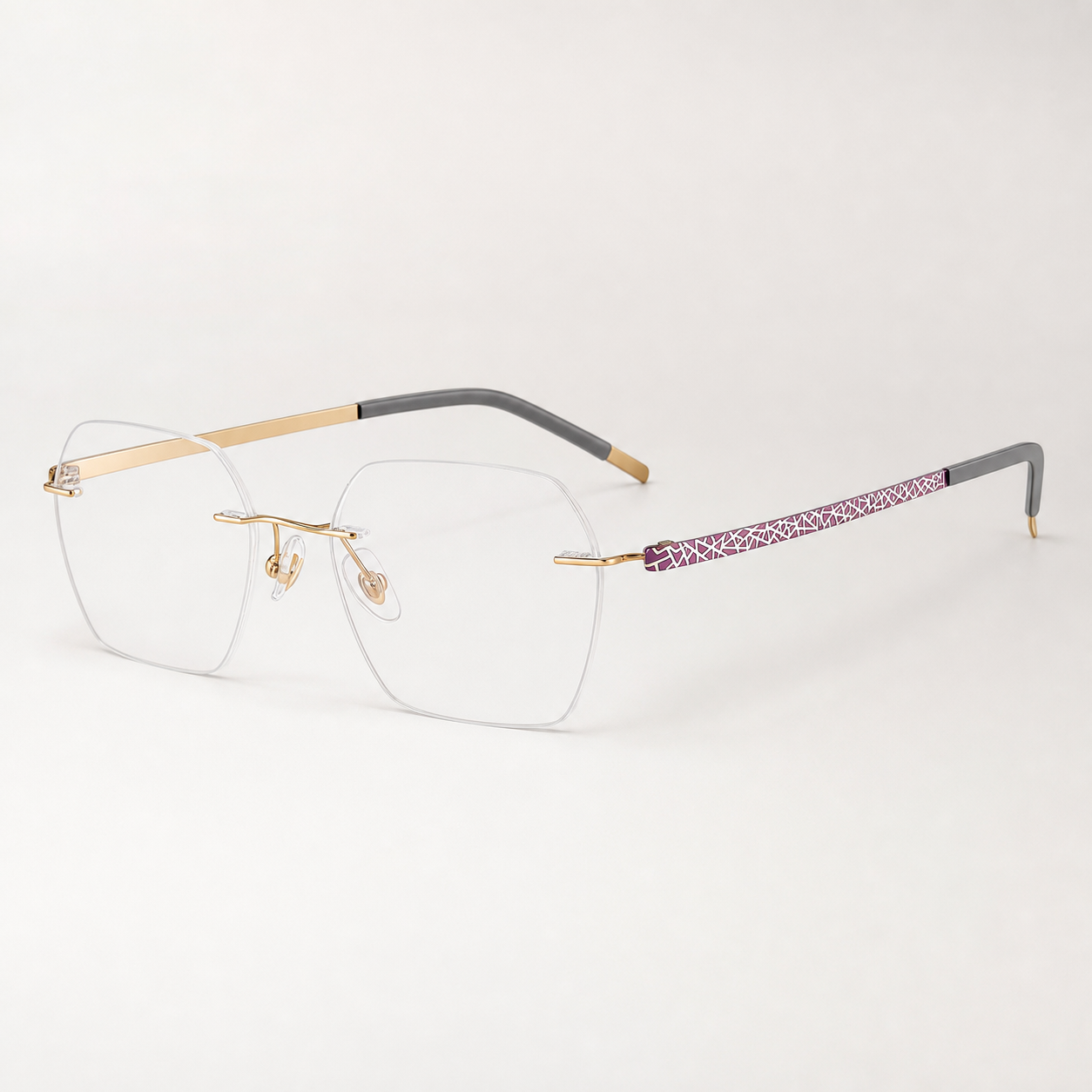 Gold/Purple pure titanium rimless rectangular eyeglasses, 45-degree product view