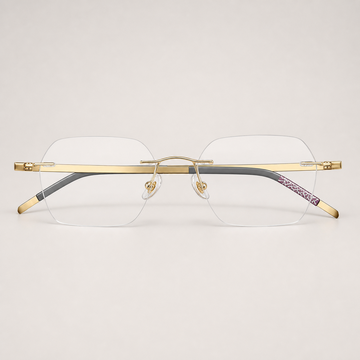 Gold/Purple pure titanium rimless rectangular eyeglasses, straight-on product view