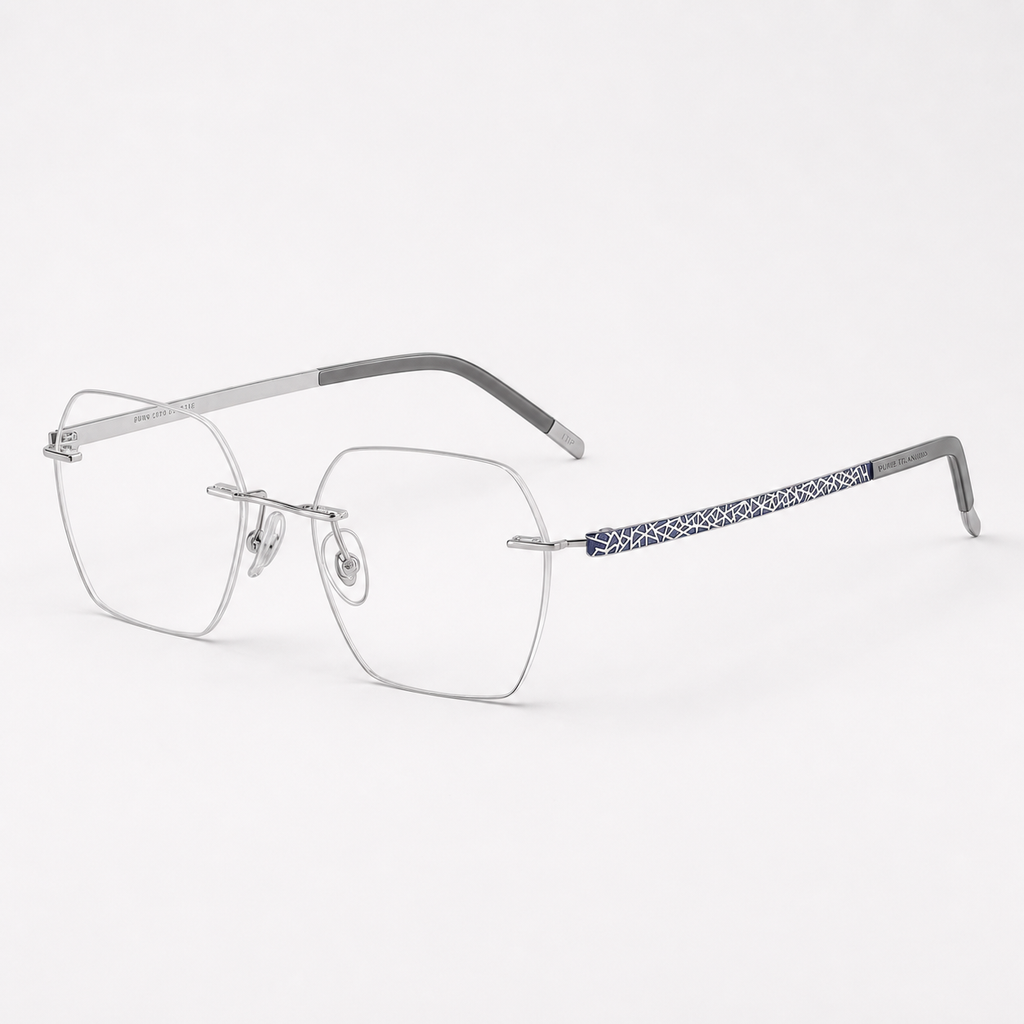 Silver/Blue pure titanium rimless rectangular eyeglasses, 45-degree product view