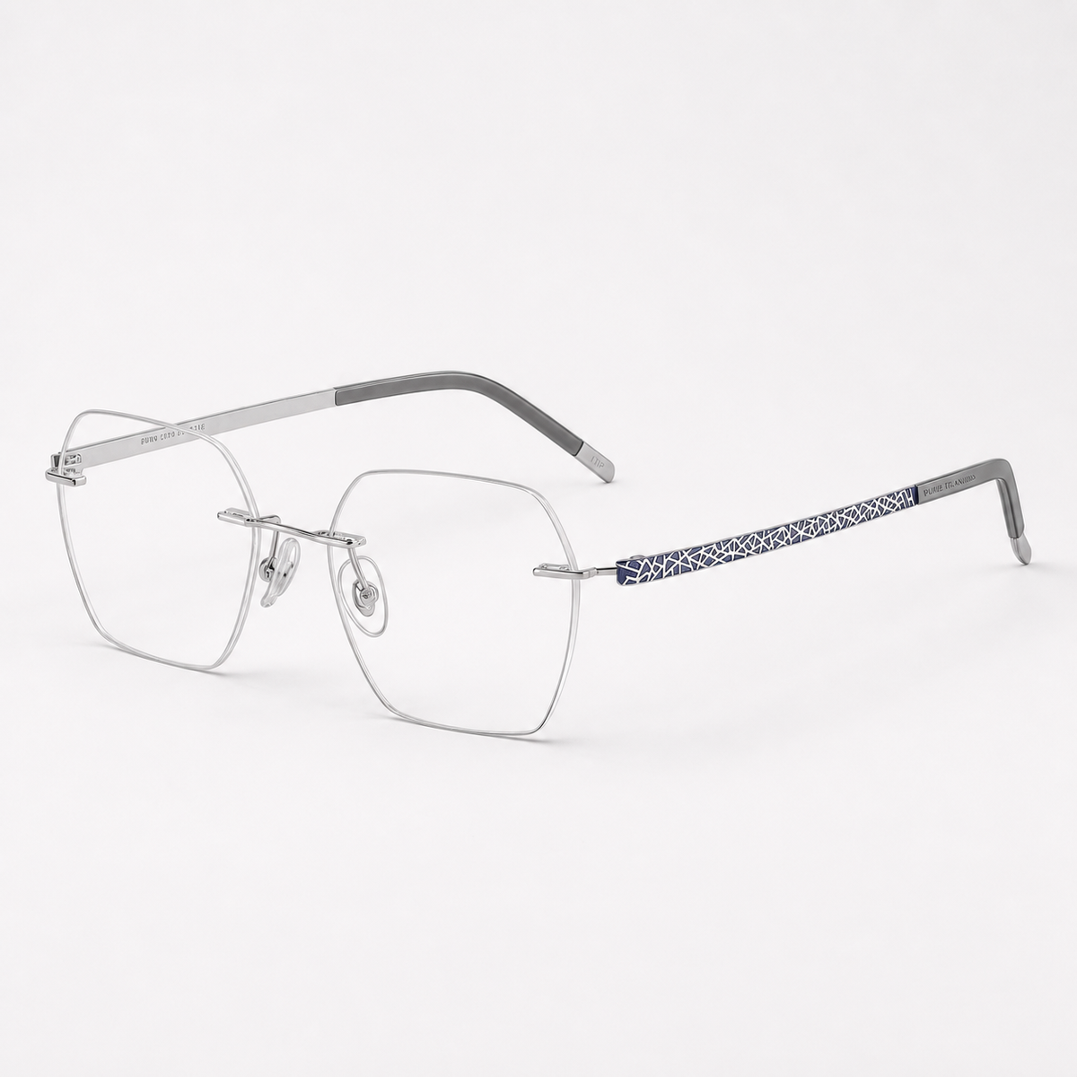 Silver/Blue pure titanium rimless rectangular eyeglasses, 45-degree product view