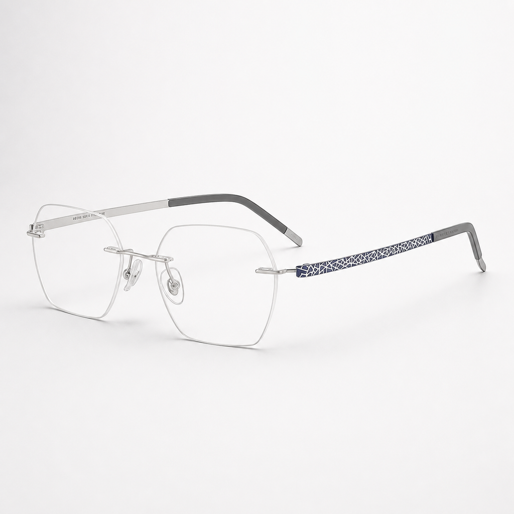 Silver/Blue pure titanium rimless rectangular eyeglasses, straight-on product view