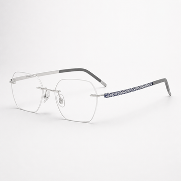 Silver/Blue pure titanium rimless rectangular eyeglasses, straight-on product view