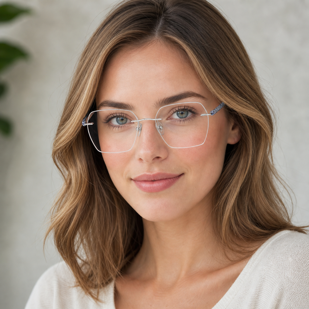 Silver/Blue pure titanium rimless rectangular eyeglasses, front adult model fit