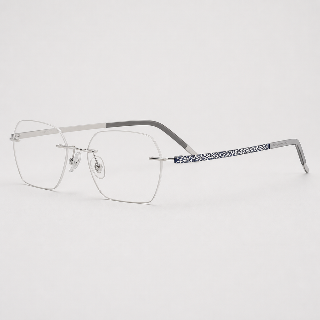 Silver/Blue pure titanium rimless rectangular eyeglasses, side-profile product view